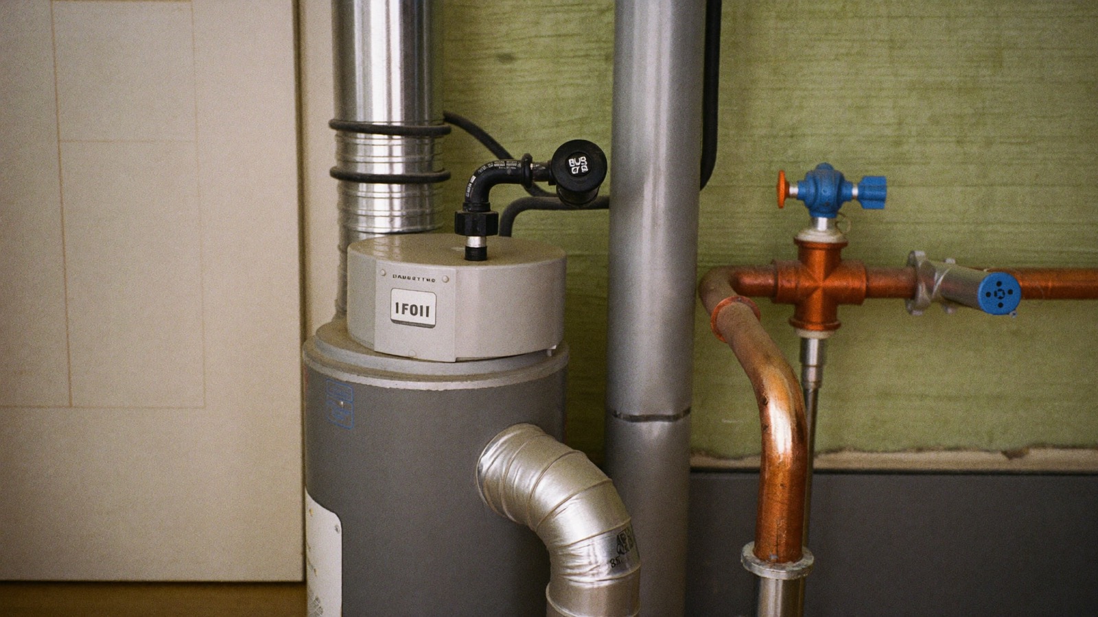 Ballon tampon et raccordements hydrauliques d'une pompe à chaleur air-eau dans une buanderie
